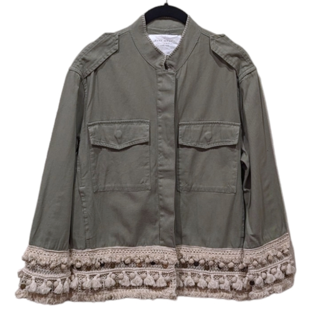 Zara Woman Khaki Military Medallion Tassel Fringe Jacket (S)